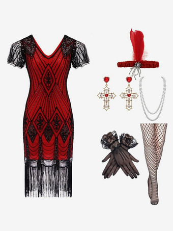 レッド＋ブラック1920年代のコスチューム ゴールド スパンコール フリンジ エレガント セット フラッパー ドレス セット バーガンディ