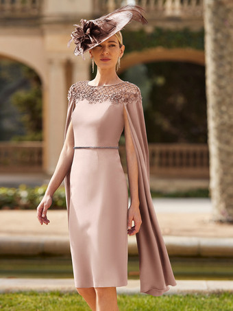 サーモンピンク花嫁の母親のためのパーティードレス ジュエルネック ロングスリーブ シースフラワー 結婚式用ゲストドレス