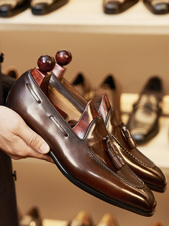   メンズタッセルローファースクエアトゥスリッポンレザーペニーシューズローヒールプロムウェディングシューズ