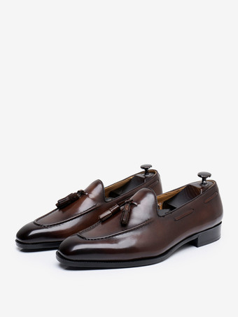 ブラウン  メンズタッセルローファースクエアトゥスリッポンレザーペニーシューズローヒールプロムウェディングシューズ