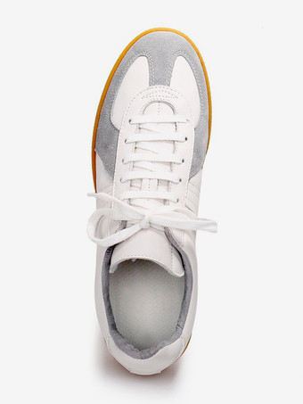 ホワイト メンズスニーカー 快適なカラーブロック 牛革 ラウンドトゥ バスケット スポーツシューズ