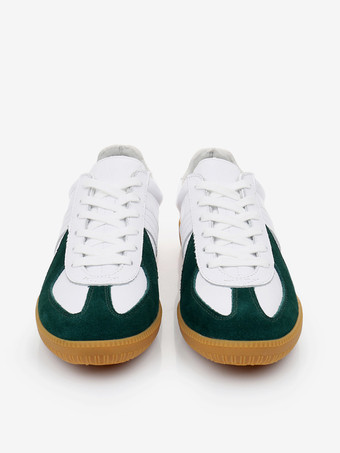 ダークグリーンメンズスニーカー 快適なカラーブロック 牛革 ラウンドトゥ バスケット スポーツシューズ