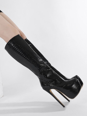 セクシーなニーハイブーツ プラットフォーム サンケ柄 スティレットヒール ジップアップ ハイヒールブーツ レディース