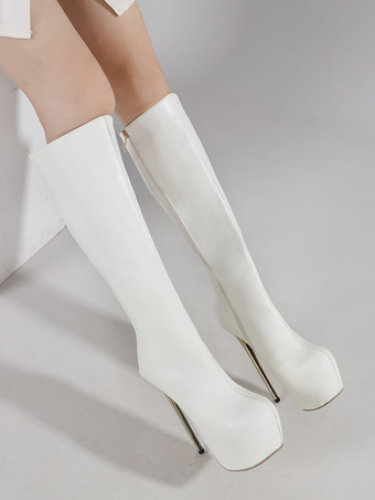 ホワイトセクシーブーツ プラットフォーム ジップアップ ニーハイブーツ