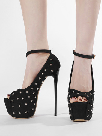 ブラック レディース セクシー ハイヒール ピープトゥ プラットフォーム スタッズ スエード スカイハイ パンプス