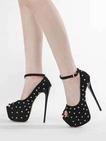 レディース セクシー ハイヒール ピープトゥ プラットフォーム スタッズ スエード スカイハイ パンプス