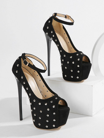 レディース セクシー ハイヒール ピープトゥ プラットフォーム スタッズ スエード スカイハイ パンプス