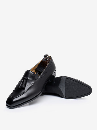   メンズタッセルローファースクエアトゥスリッポンレザーペニーシューズローヒールプロムウェディングシューズ