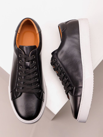 ブラック メンズスニーカー ラウンドトゥ レースアップ フラット ハイキングシューズ