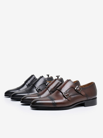 ブラウンレザーアートワーク メンズ モンクローファー モンクストラップ ブローグ フォーマル ウェディングシューズ