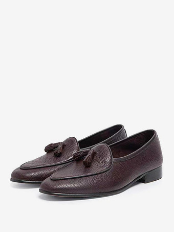 Brun Mocassins pour hommes en cuir de vachette à pompon et bout rond Chaussures de mariage de bal
