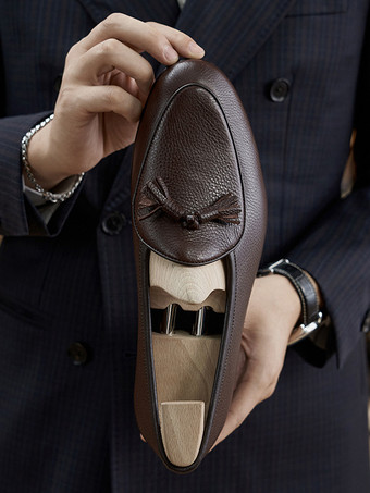 Mocassins pour hommes en cuir de vachette à pompon et bout rond Chaussures de mariage de bal