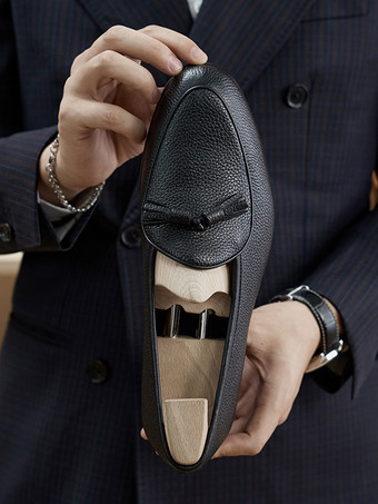 Mocassins pour hommes en cuir de vachette à pompon et bout rond Chaussures de mariage de bal