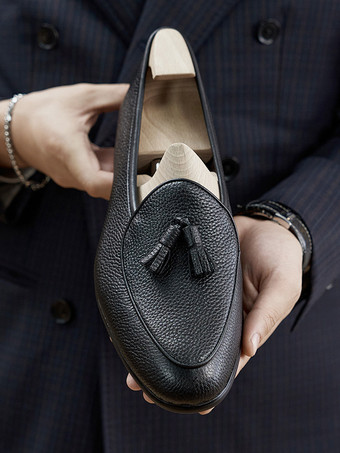 Mocassins pour hommes en cuir de vachette à pompon et bout rond Chaussures de mariage de bal