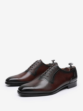 BrownMen's Dress Shoes Fashion Round Toe Leather Oxford lace Up Formal Wedding Shoes