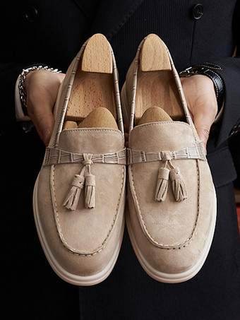 メンズ タッセルローファー アートワーク ラウンドトゥ スエードレザー プロム ウェディングシューズ