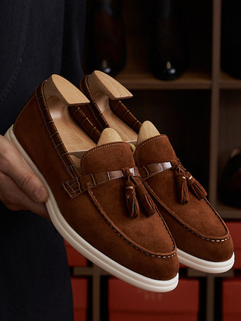 メンズ タッセルローファー アートワーク ラウンドトゥ スエードレザー プロム ウェディングシューズ