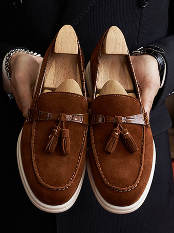 メンズ タッセルローファー アートワーク ラウンドトゥ スエードレザー プロム ウェディングシューズ