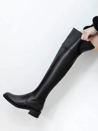 ブラック ブラック オーバーニーブーツ フラットポインテッドトゥ サイハイブーツ