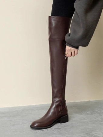 ブラウンブラック オーバーニーブーツ フラットポインテッドトゥ サイハイブーツ