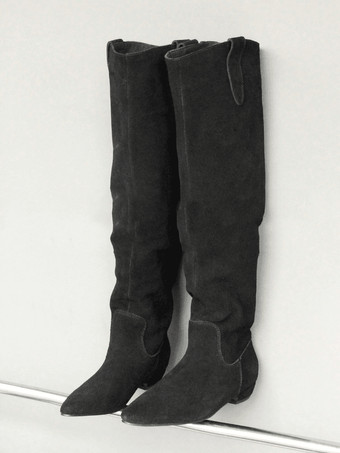 ブラック スエードニーハイブーツ グレー ポインテッドトゥ フラット スラウチブーツ