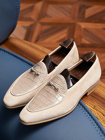 Mocassins belges pour hommes bout pointu en daim épissure en cuir à enfiler à talons bas chaussures de bal