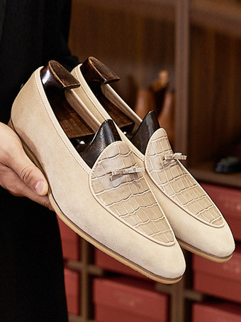 Mocassins belges pour hommes bout pointu en daim épissure en cuir à enfiler à talons bas chaussures de bal