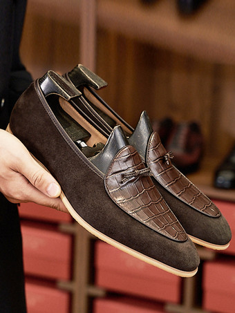 Mocassins belges pour hommes bout pointu en daim épissure en cuir à enfiler à talons bas chaussures de bal