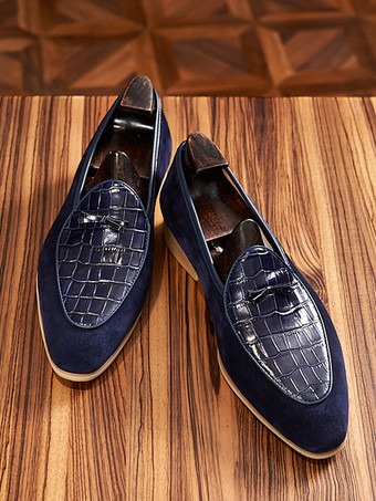 Mocassins belges pour hommes bout pointu en daim épissure en cuir à enfiler à talons bas chaussures de bal