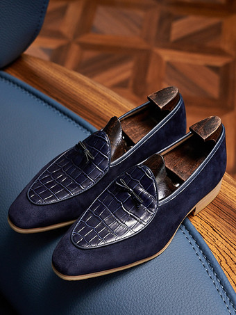 Mocassins belges pour hommes bout pointu en daim épissure en cuir à enfiler à talons bas chaussures de bal