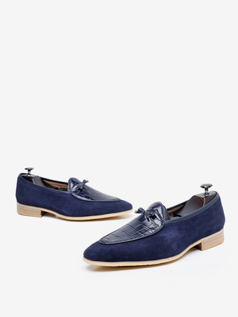 Bleu Marine FoncéMocassins belges pour hommes bout pointu en daim épissure en cuir à enfiler à talons bas chaussures de bal