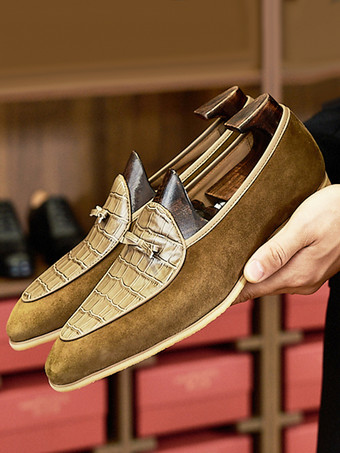 OliveMocassins belges pour hommes bout pointu en daim épissure en cuir à enfiler à talons bas chaussures de bal