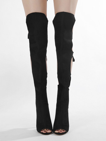 レディース ブラック オーバーザニーブーツ スティレットヒール スエード カットアウト サンダルブーツ