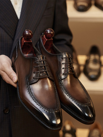 男性用ドレスシューズ スタイリッシュなピープトゥ レザー レースアップ ダービー プロム ウェディング フォーマルシューズ