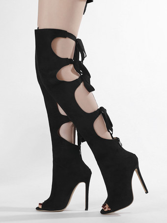 ブラック レディース ブラック オーバーザニーブーツ スティレットヒール スエード カットアウト サンダルブーツ