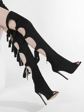 レディース ブラック オーバーザニーブーツ スティレットヒール スエード カットアウト サンダルブーツ