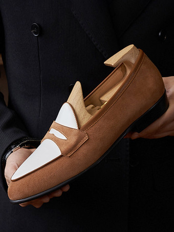 ライトブラウンメンズ ペニーローファーシューズ アートワーク ラウンドトゥ スエードレザー プロム ウェディングシューズ