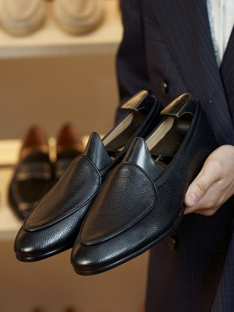 ブラック メンズ スリッポン ローファー アートワーク ラウンドトゥ レザーシューズ 牛革 プロム ウェディングシューズ