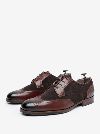ブラウン男性用ドレスシューズ 高品質ラウンドトゥレザーブローグフォーマルウェディングシューズ