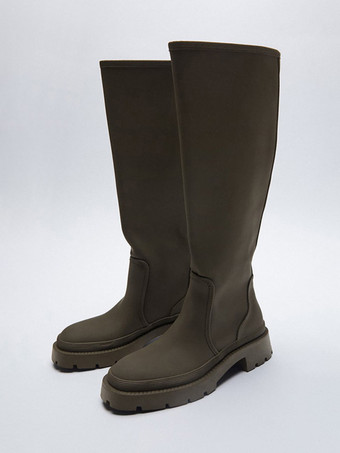 オリーブカラーレディース レインブーツ ラウンドトゥ フラット 防水 ニーハイブーツ