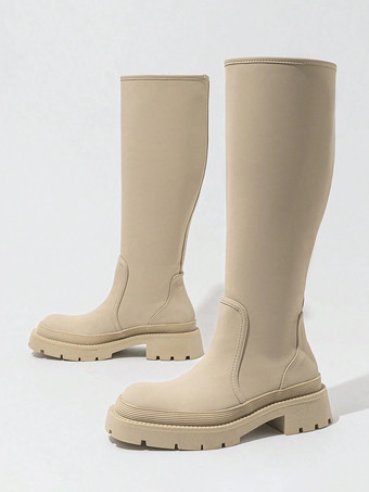 アイボリー レディース レインブーツ ラウンドトゥ フラット 防水 ニーハイブーツ