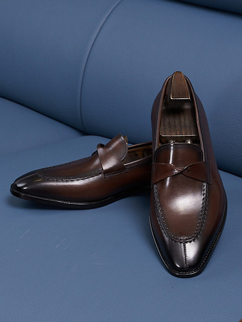 ブラウンメンズ ペニーローファー スリッポン 牛革 プロム ウェディングシューズ