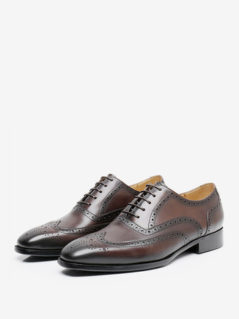 ブラウン男性用ドレスシューズ 高品質スクエアトゥレザーブローグダービーフォーマルウェディングシューズ