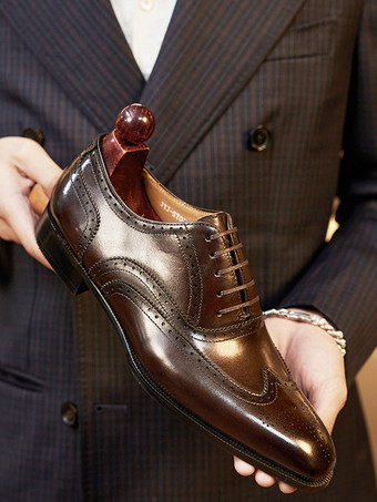 男性用ドレスシューズ 高品質スクエアトゥレザーブローグダービーフォーマルウェディングシューズ