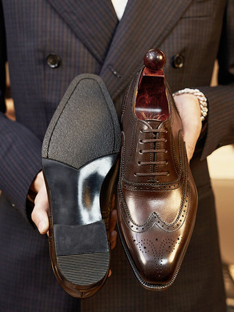 男性用ドレスシューズ 高品質スクエアトゥレザーブローグダービーフォーマルウェディングシューズ