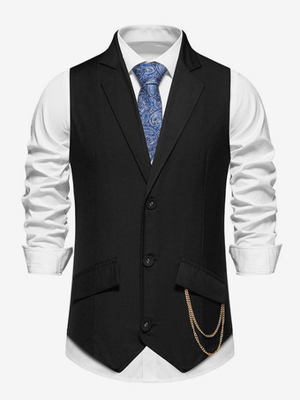 ブラック メンズスーツベスト ウェディングパーティーラペルチェーンベスト