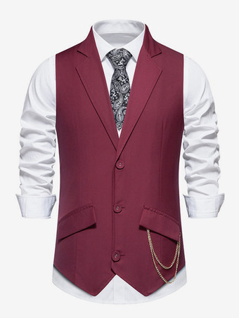 ワインレッド メンズスーツベスト ウェディングパーティーラペルチェーンベスト