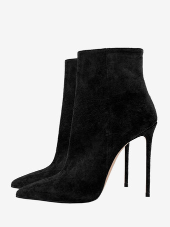 ブラック スエード アンクルブーツ ポインテッドトゥ スティレットヒール ブーティ レディース