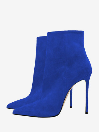ブルー スエード アンクルブーツ ポインテッドトゥ スティレットヒール ブーティ レディース