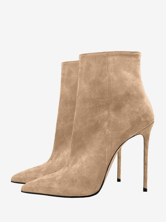ライトブラウンスエード アンクルブーツ ポインテッドトゥ スティレットヒール ブーティ レディース